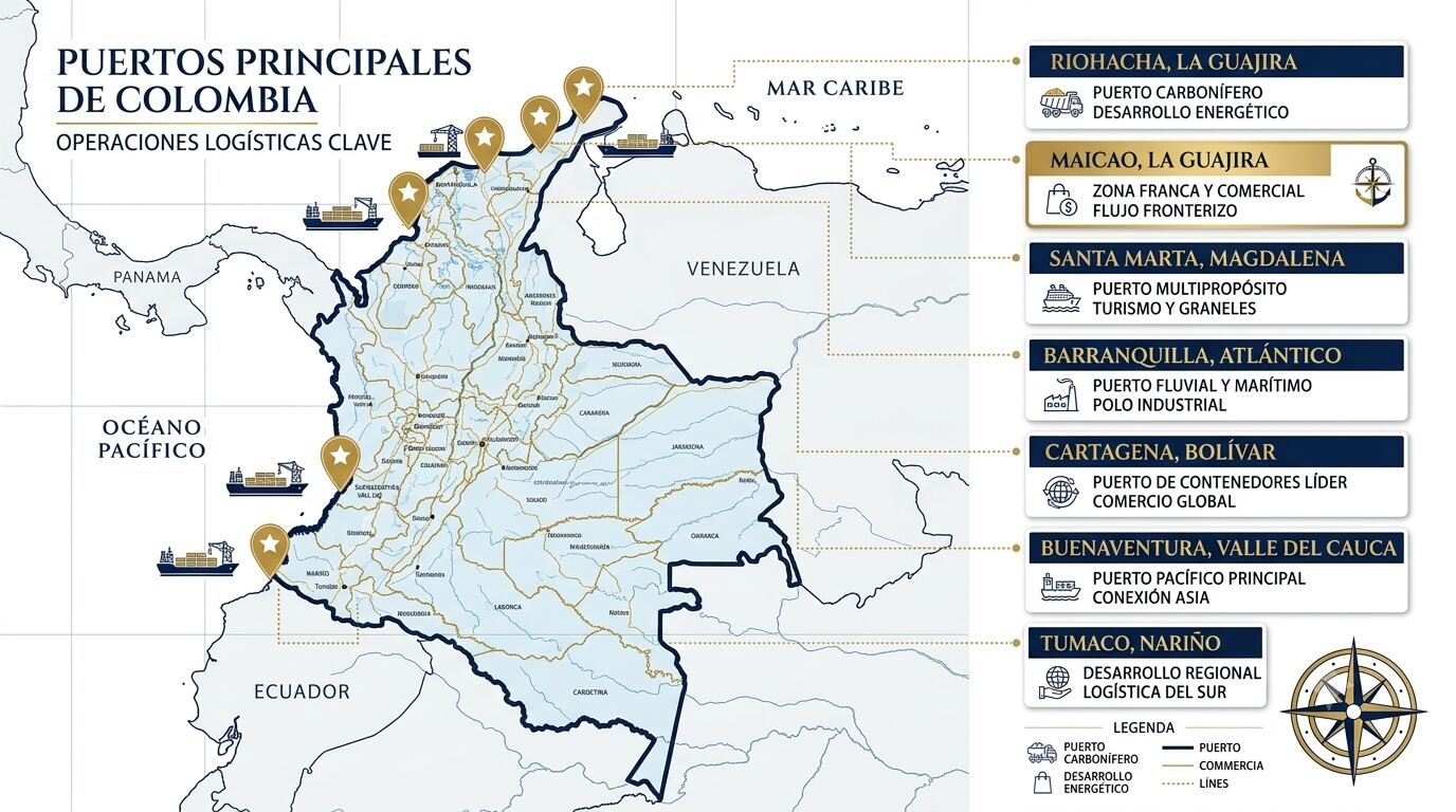Mapa de puertos principales de Colombia